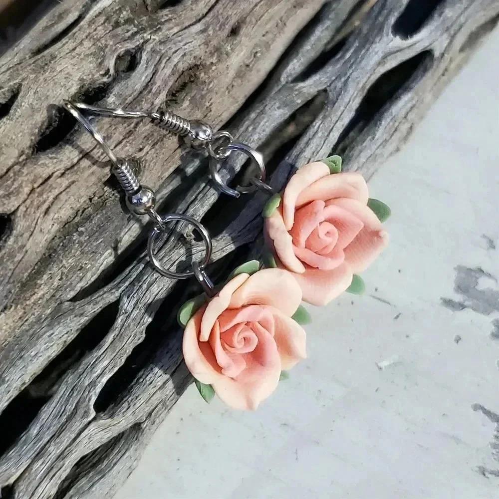 Handcrafted Fimo Polymer Clay Pink Rose Flower Bead Dangle Earrings - Picture 4 of 6
